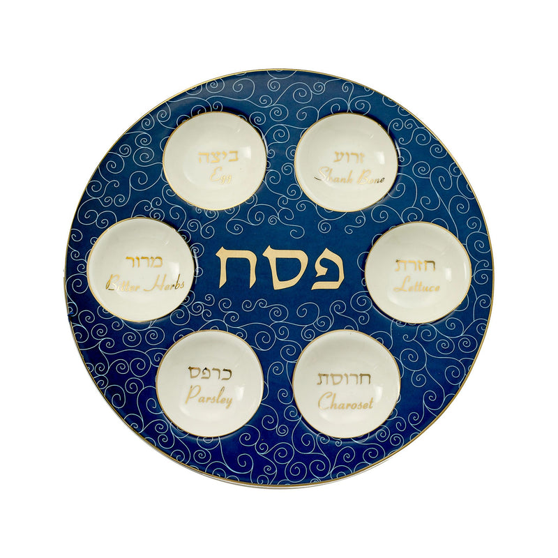 Classic Ceramic Seder Plate in Blue With Gold Accents