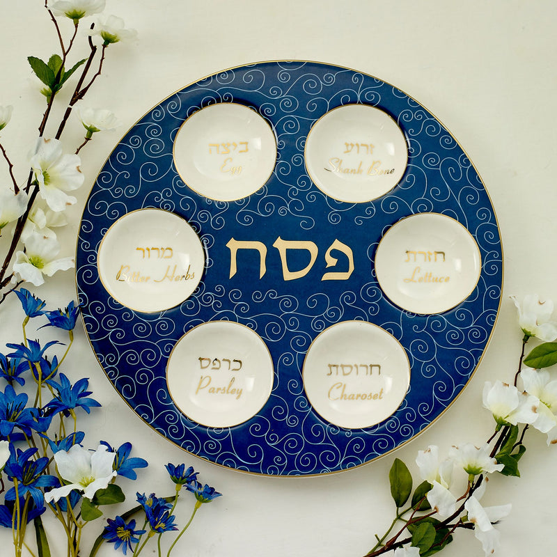 Classic Ceramic Seder Plate in Blue With Gold Accents
