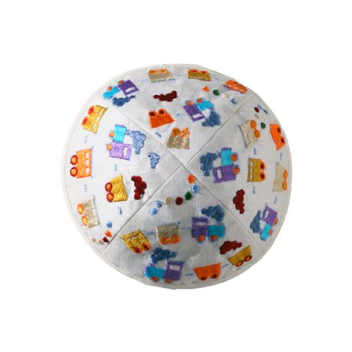 Embroidered Children's Train Kippah White by Yair Emanuel