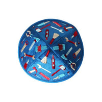 'Tools' in Blue Kids Embroidered Kippah by Yair Emanuel