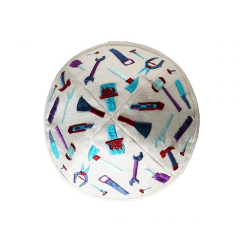 'Tools' Kippah in White Kids Embroidered Kippah by Yair Emanuel