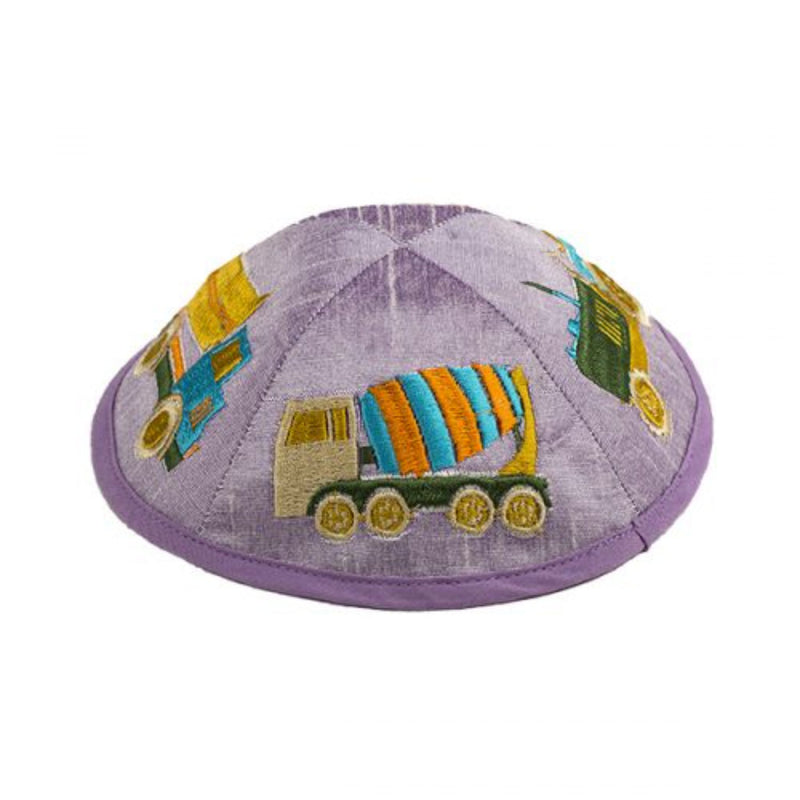 'Trucks' Kippah Silk Embroidered in Lilac by Yair Emmauel