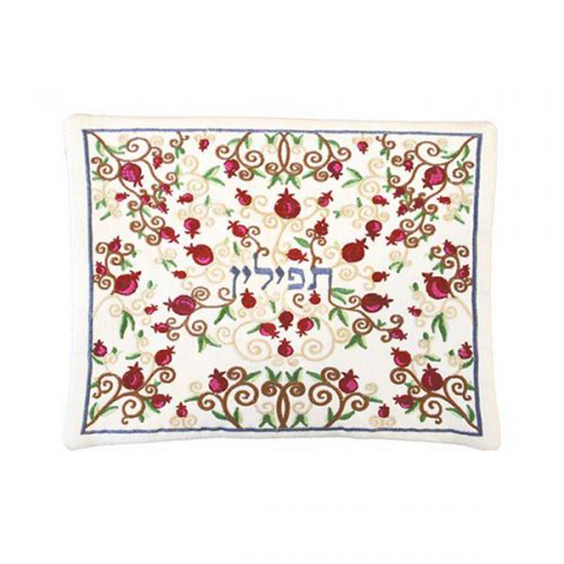 Red Pomegranates Tefillin Bag on White by Yair Emanuel