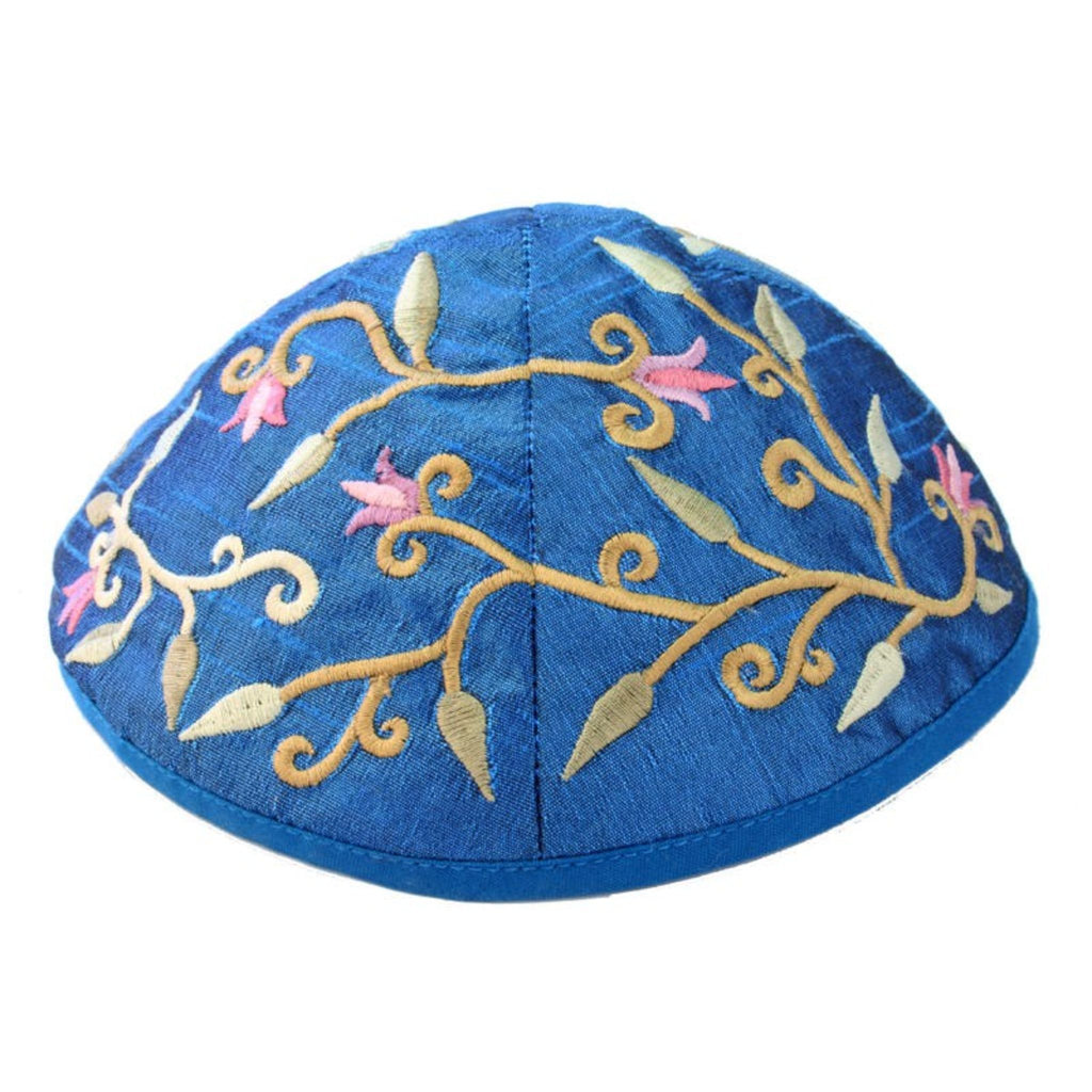 Yair Emanuel Embroidered Bucharian Hat-Kippah - Colored Flowers And Birds On Cream