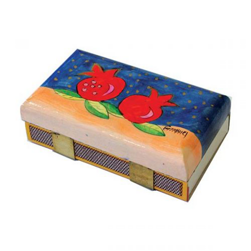 Wooden Hand Painted Kitchen Size Match Box Holder with Two Pomegranates by Yair Emanuel