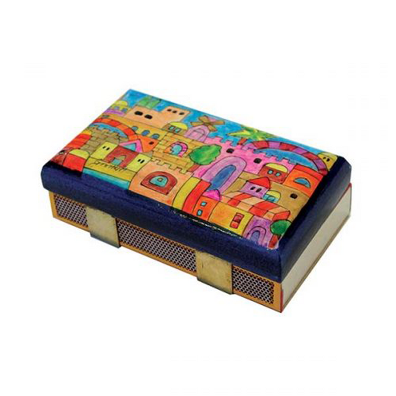 Wooden Hand Painted Kitchen Size Match Box Holder - Jerusalem by Yair Emanuel