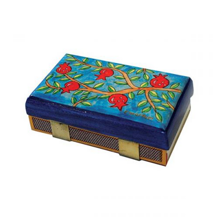 Wooden Hand Painted Kitchen Size Match Box Holder with Pomegranates by Yair Emanuel